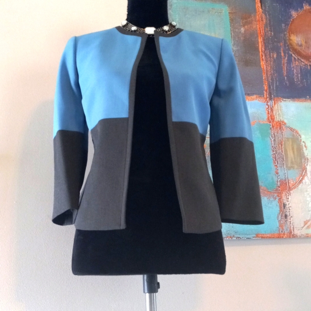 Kasper Blue & Grey Color Block Open Front Blazer … - image 3